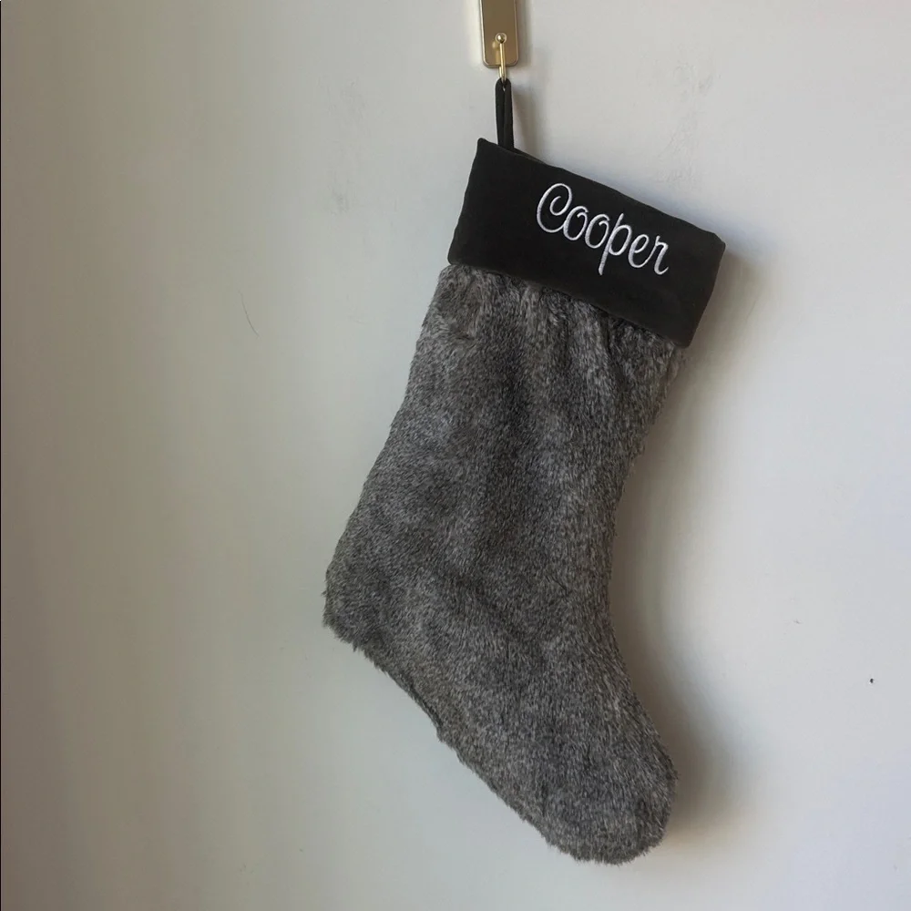 Pottery Barn Velvet Cuffed Faux Fur Christmas Stocking Gray Embroidered 